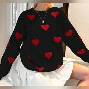 Black Sweater with Red Heart Pattern